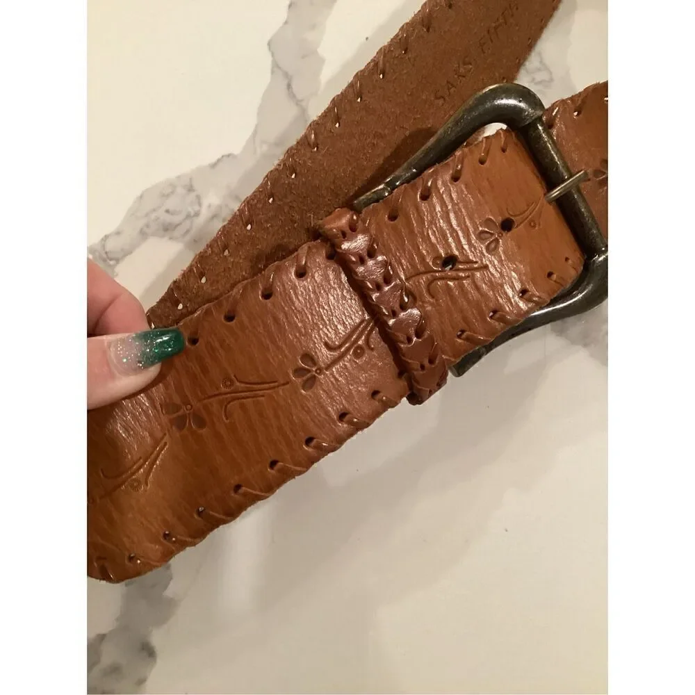 Sax Fifth Avenue Leather Brown Belt Sz S Braided Trim Embossed